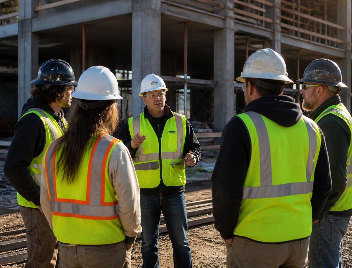 Voorman geeft een toolboxmeeting aan vier bouwvakkers op de bouwplaats