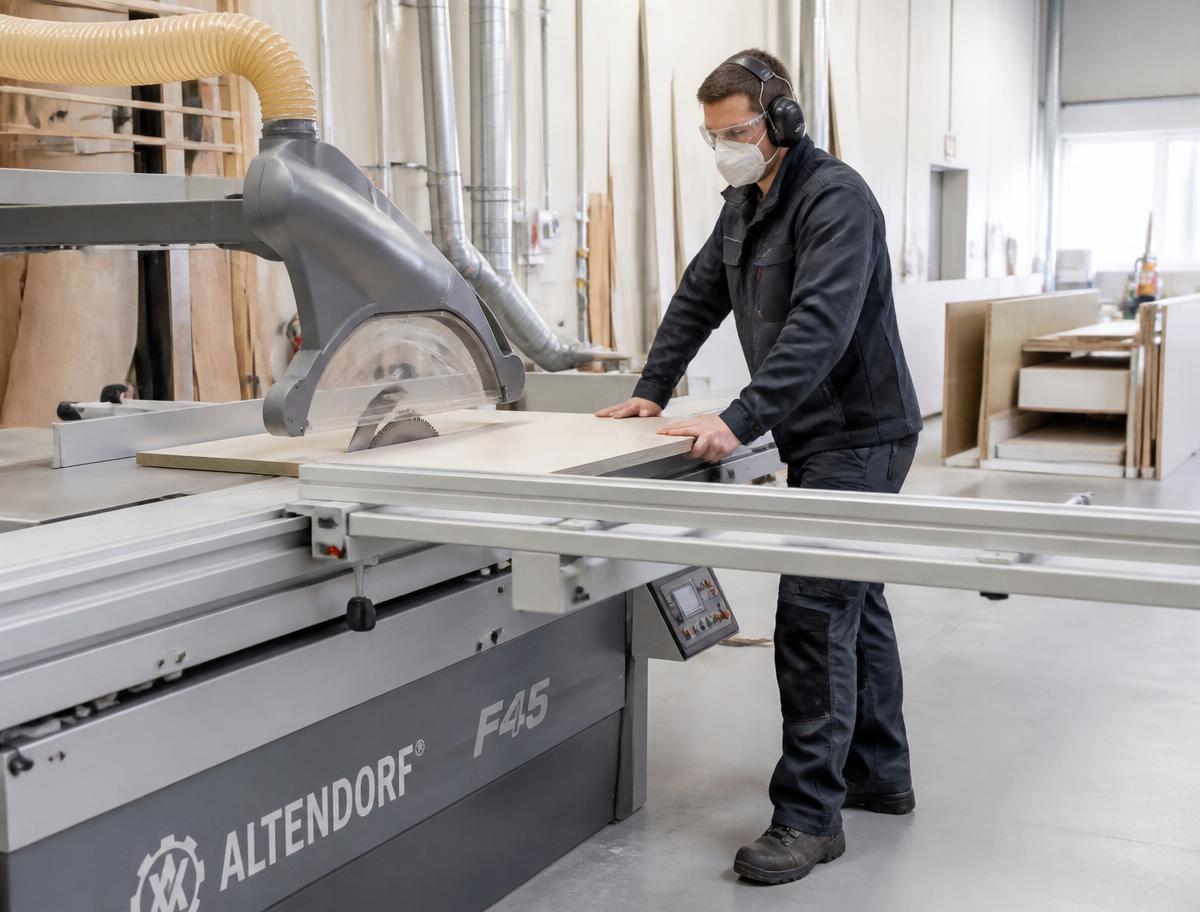 Medewerker met gehoorbescherming aan een formaatzaag in een timmerfabriek