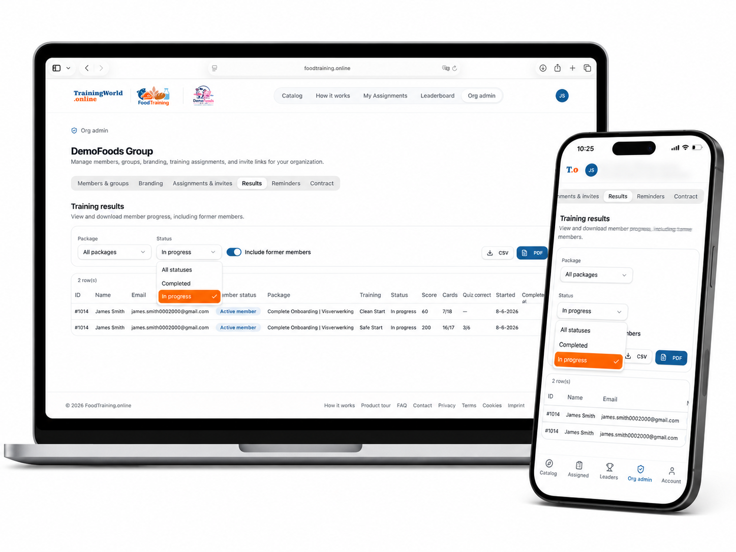 Org-admin dashboard with team overview and export options
